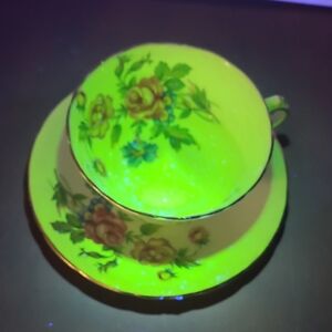 Vibrant Floral Bone China Uranium Glaze Teacup and Saucer